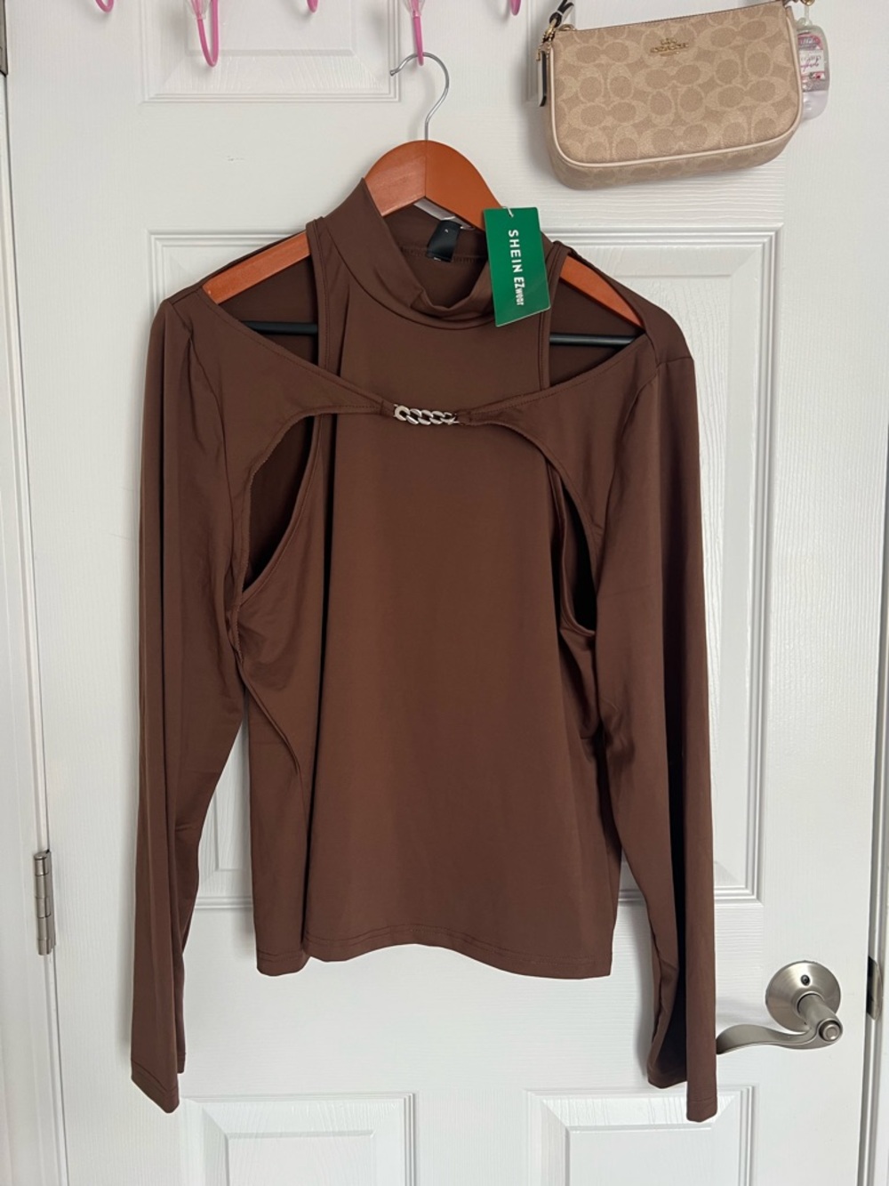 SHEIN Chocolate Brown Cold-Shoulder Long Sleeve Top with Chain Accent